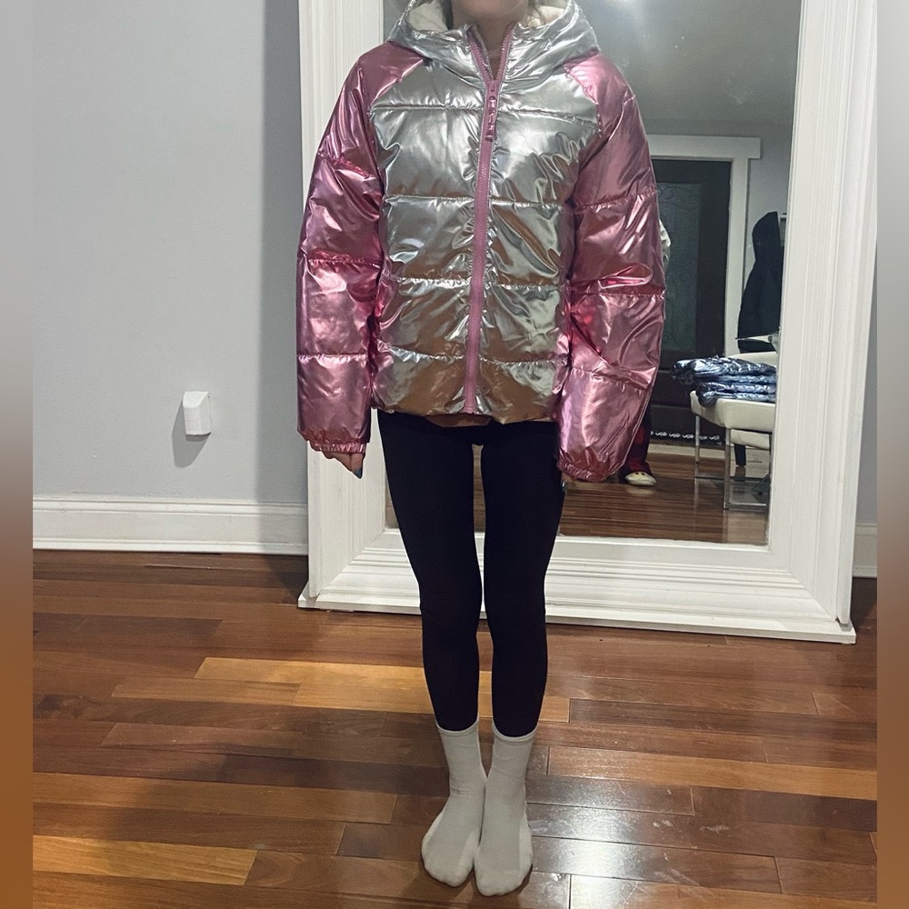 OLV NAVY QUILTED PUFFER JACKET SILVER PINK METALLIC WATER RESISTANT GIRLS HOODIE